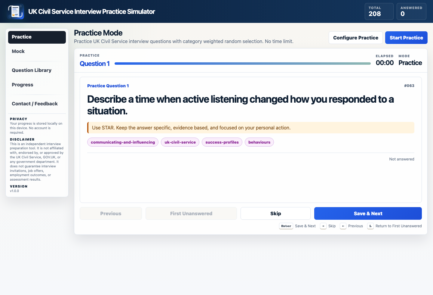 UK Civil Service Interview Simulator practice mode showing a Success Profiles interview question.