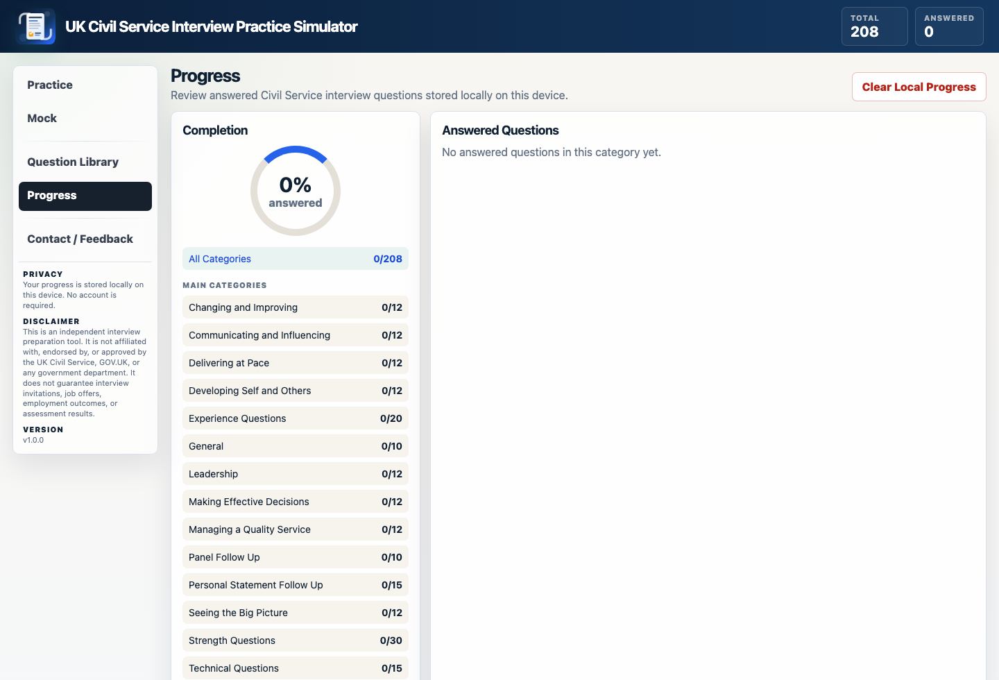 UK Civil Service Interview Simulator progress page showing local answered question tracking.
