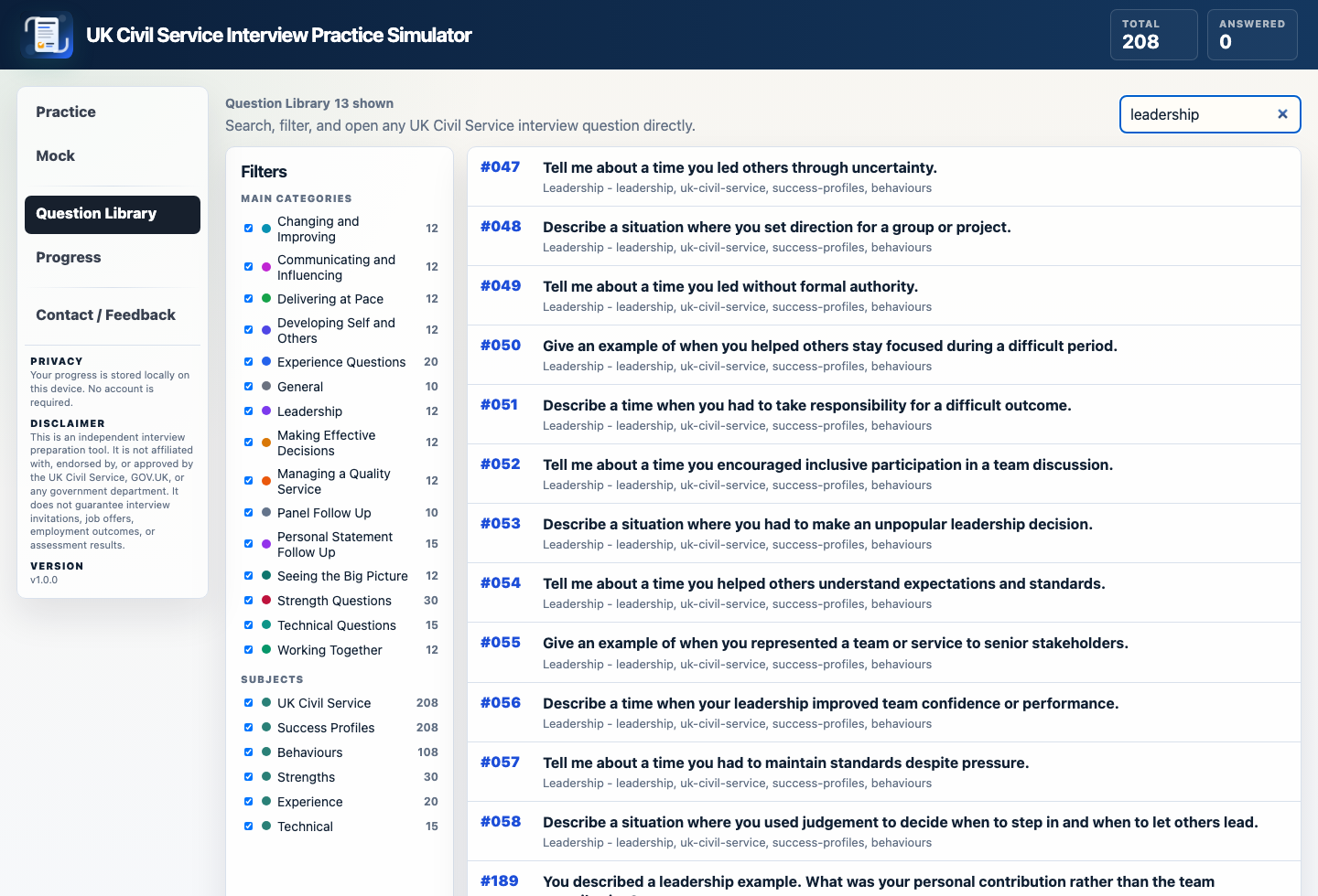 UK Civil Service Interview Simulator question library with searchable categories.